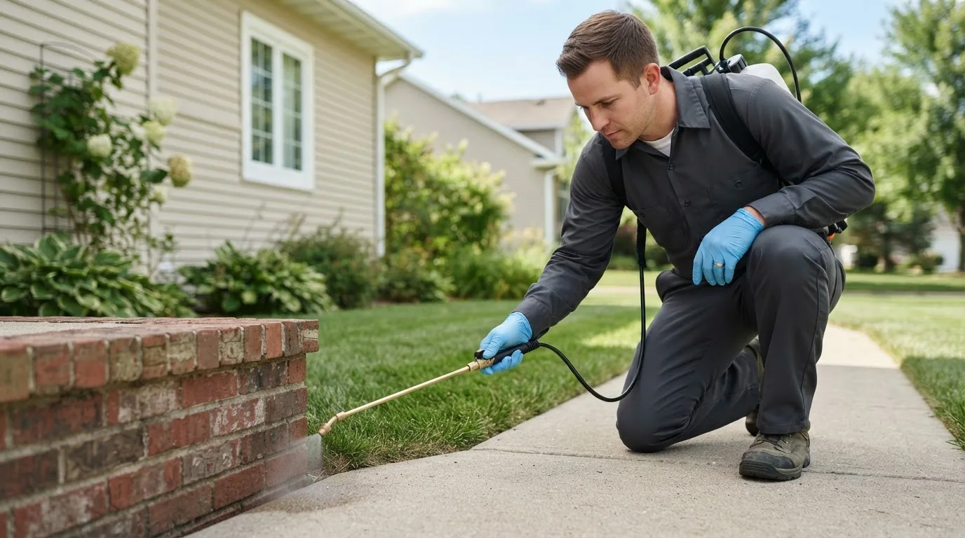 Pest control technician treating a home near Uniopolis, OH