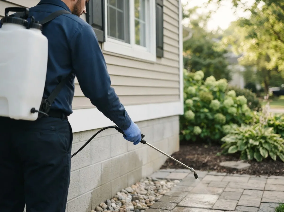 Pest control technician inspecting a home in Uniopolis, OH